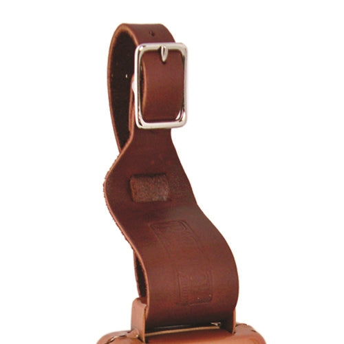 A brown leather bell strap with a metal buckle, designed for attaching a rodeo bell to a rope.
