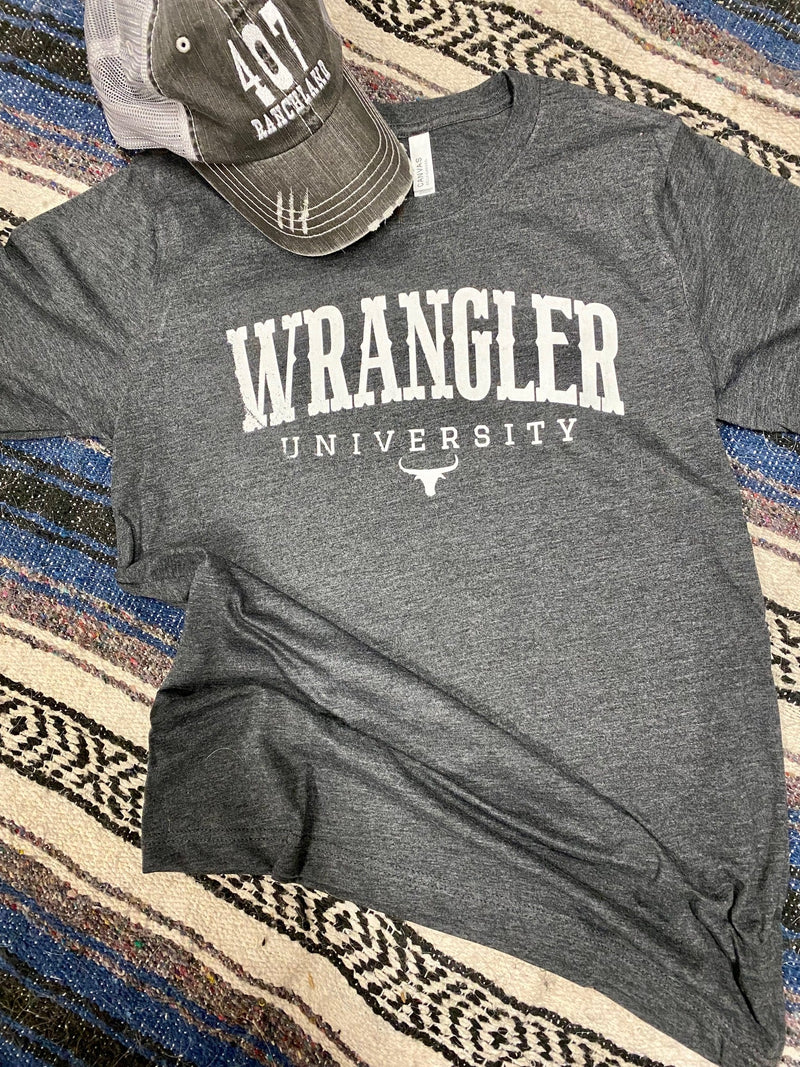 Wrangler University Collegiate Graphic Tee | Premium Bella + Canvas 3001 Western Shirt | Rowdy Rowels Dark Heather Grey Rodeo T-Shirt