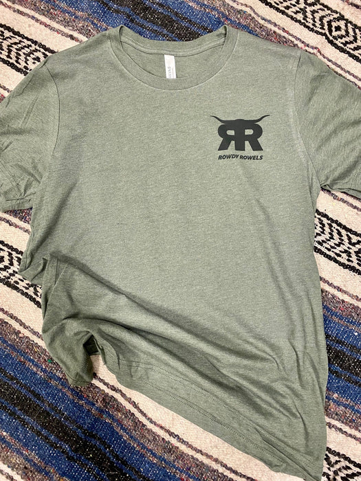 Rowdy Rowels Heritage Logo Tee | Premium Bella + Canvas 3001 Pocket & Back Graphic | Heather Red Western Rodeo Shirt