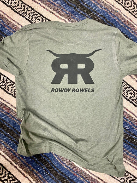 Rowdy Rowels Heritage Logo Tee | Premium Bella + Canvas 3001 Pocket & Back Graphic | Heather Red Western Rodeo Shirt