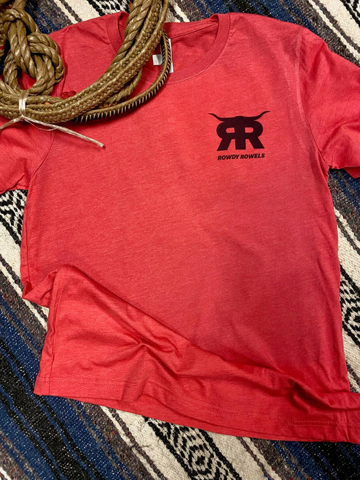 Rowdy Rowels Heritage Logo Tee | Premium Bella + Canvas 3001 Pocket & Back Graphic | Heather Red Western Rodeo Shirt