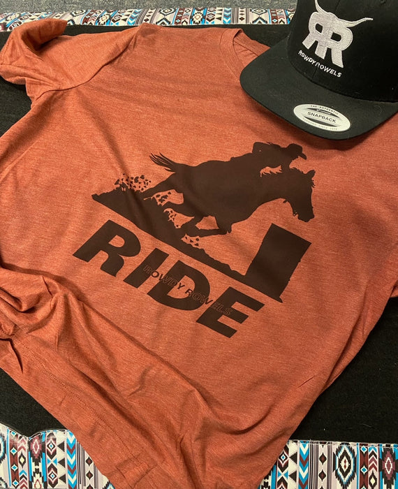 Ride Barrel Racer Graphic Tee | Premium Bella + Canvas 3001 Rodeo Shirt | Western Horse Rider Heather Clay T-Shirt – Rowdy Rowels