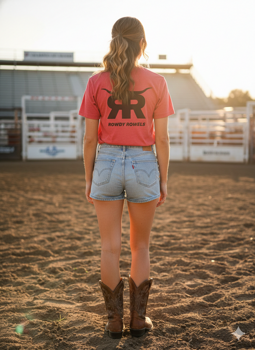 Rowdy Rowels Heritage Logo Tee | Premium Bella + Canvas 3001 Pocket & Back Graphic | Heather Red Western Rodeo Shirt