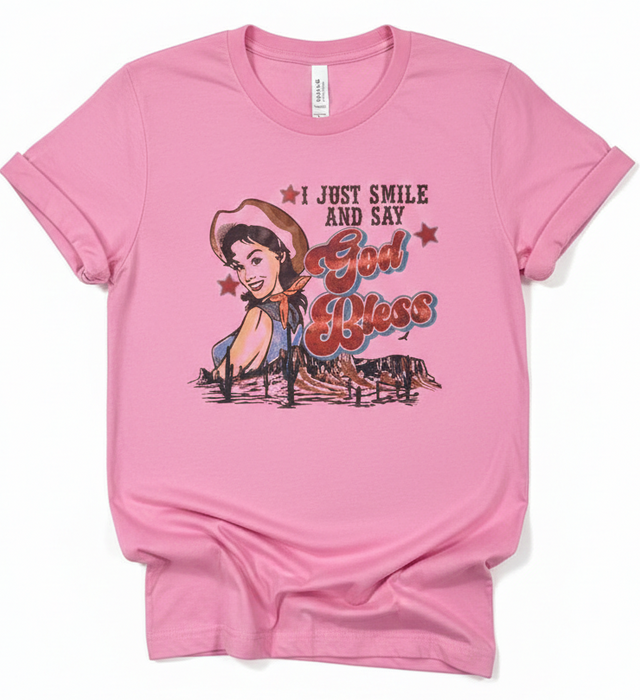 God Bless Vintage Cowgirl Graphic Tee | Premium Bella + Canvas 3001 Western Shirt | Rowdy Rowels Pink Retro Rodeo T-Shirt