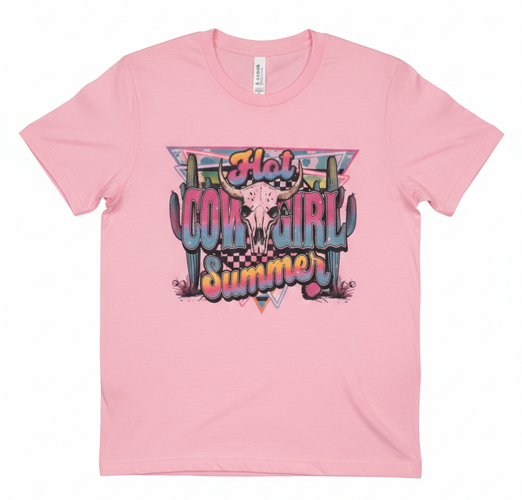 Hot Cowgirl Summer Graphic Tee | Coastal Cowgirl Retro Pink T-Shirt | Western Beach Vibes Rodeo Top – Rowdy Rowels Exclusive