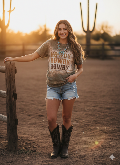 Howdy Howdy Howdy Triple Stack Bleached Tee | Hand-Distressed Heather Military Green Western Shirt | Rowdy Rowels Vintage Cowgirl Graphic Top