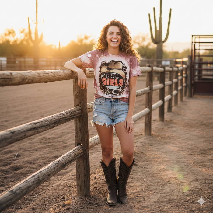 Let's Go Girls Bleached Graphic Tee | Hand-Distressed Mauve Bella + Canvas 3001 | Rowdy Rowels Leopard Western Cowgirl T-Shirt