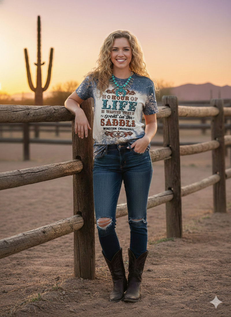 Life in the Saddle bleached western graphic tee by Rodeo Hard cowboy cowgirl shirt