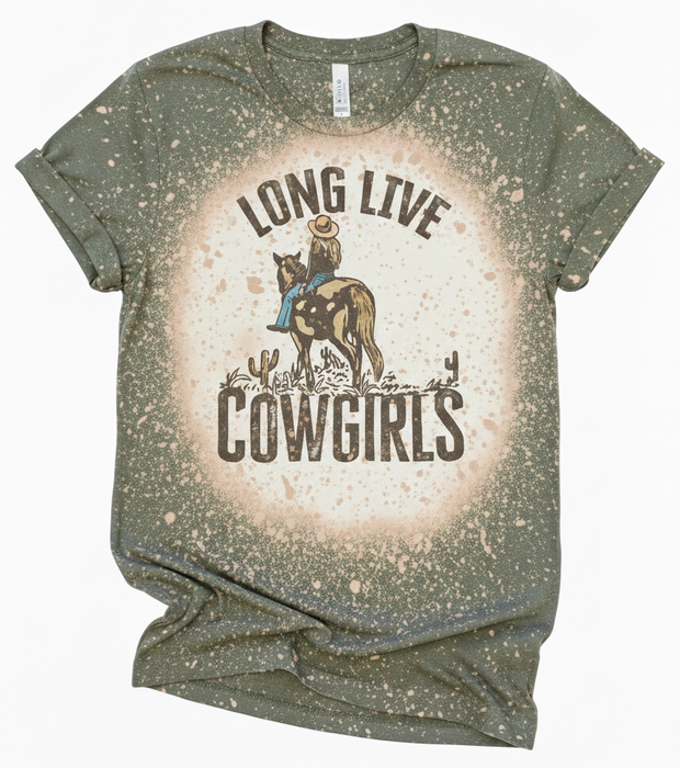 Long Live Cowgirls Bleached Graphic Tee | Hand-Distressed Bella + Canvas 3001 | Rowdy Rowels Military Green Western T-Shirt
