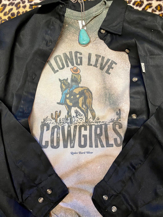 Long Live Cowgirls Bleached Graphic Tee | Hand-Distressed Bella + Canvas 3001 | Rowdy Rowels Military Green Western T-Shirt