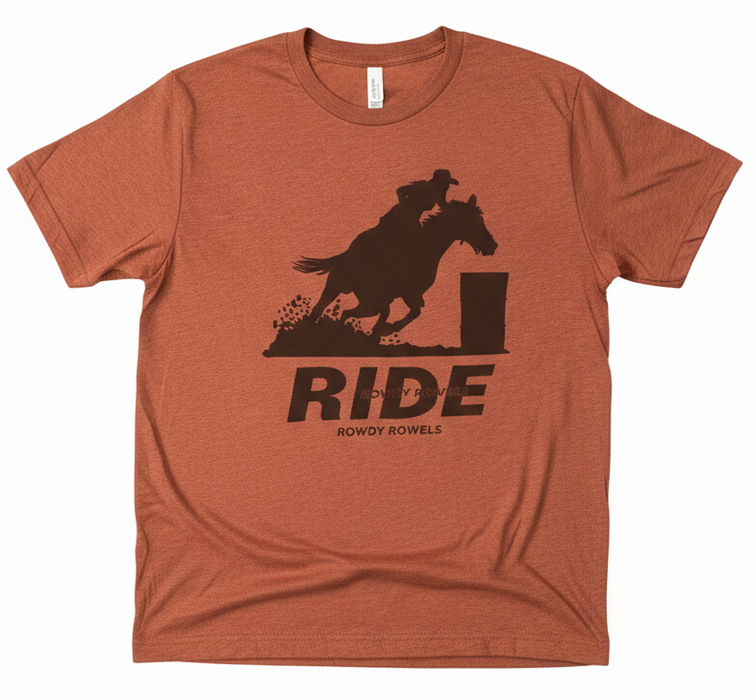 Ride Barrel Racer Graphic Tee | Premium Bella + Canvas 3001 Rodeo Shirt | Western Horse Rider Heather Clay T-Shirt – Rowdy Rowels
