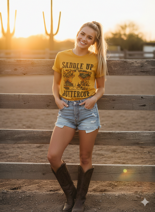 Saddle Up Buttercup Western Graphic Tee | Premium Bella + Canvas 3001 Mustard Yellow T-Shirt | Rowdy Rowels Retro Cowgirl Rodeo Top