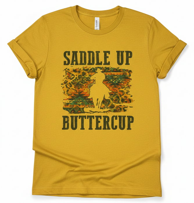 Saddle Up Buttercup Western Graphic Tee | Premium Bella + Canvas 3001 Mustard Yellow T-Shirt | Rowdy Rowels Retro Cowgirl Rodeo Top
