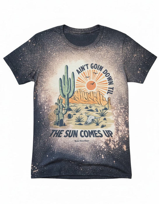 Rowdy Rowel Women's Vintage Bleached Graphic Tee – "Ain't Goin' Down Til The Sun Comes Up" Western Desert Sunset Shirt – Retro Boho Cowboy Style