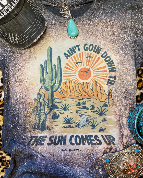 Rowdy Rowel Women's Vintage Bleached Graphic Tee – "Ain't Goin' Down Til The Sun Comes Up" Western Desert Sunset Shirt – Retro Boho Cowboy Style