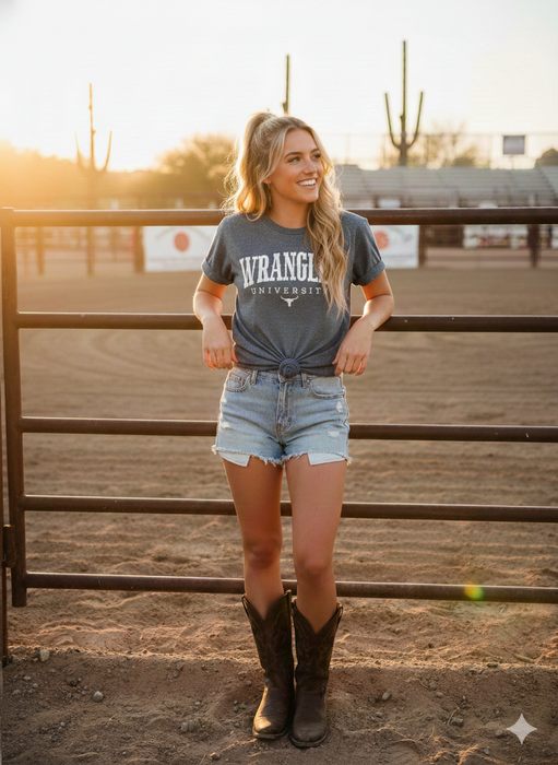Wrangler University Collegiate Graphic Tee | Premium Bella + Canvas 3001 Western Shirt | Rowdy Rowels Dark Heather Grey Rodeo T-Shirt