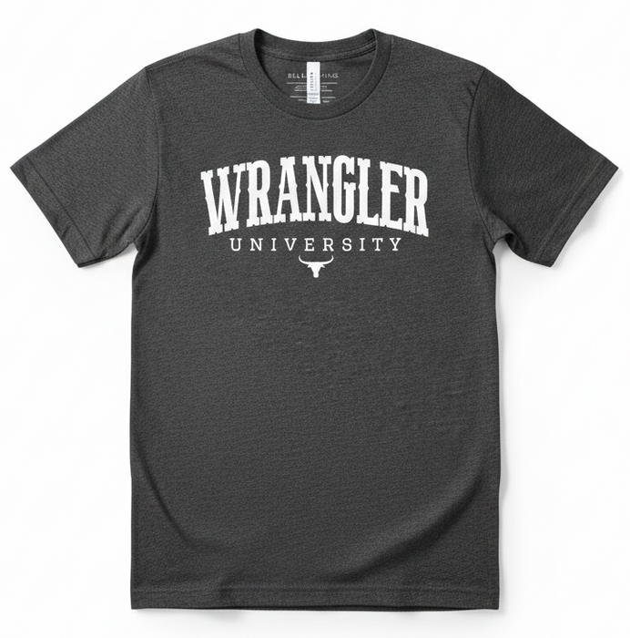 Wrangler University Collegiate Graphic Tee | Premium Bella + Canvas 3001 Western Shirt | Rowdy Rowels Dark Heather Grey Rodeo T-Shirt