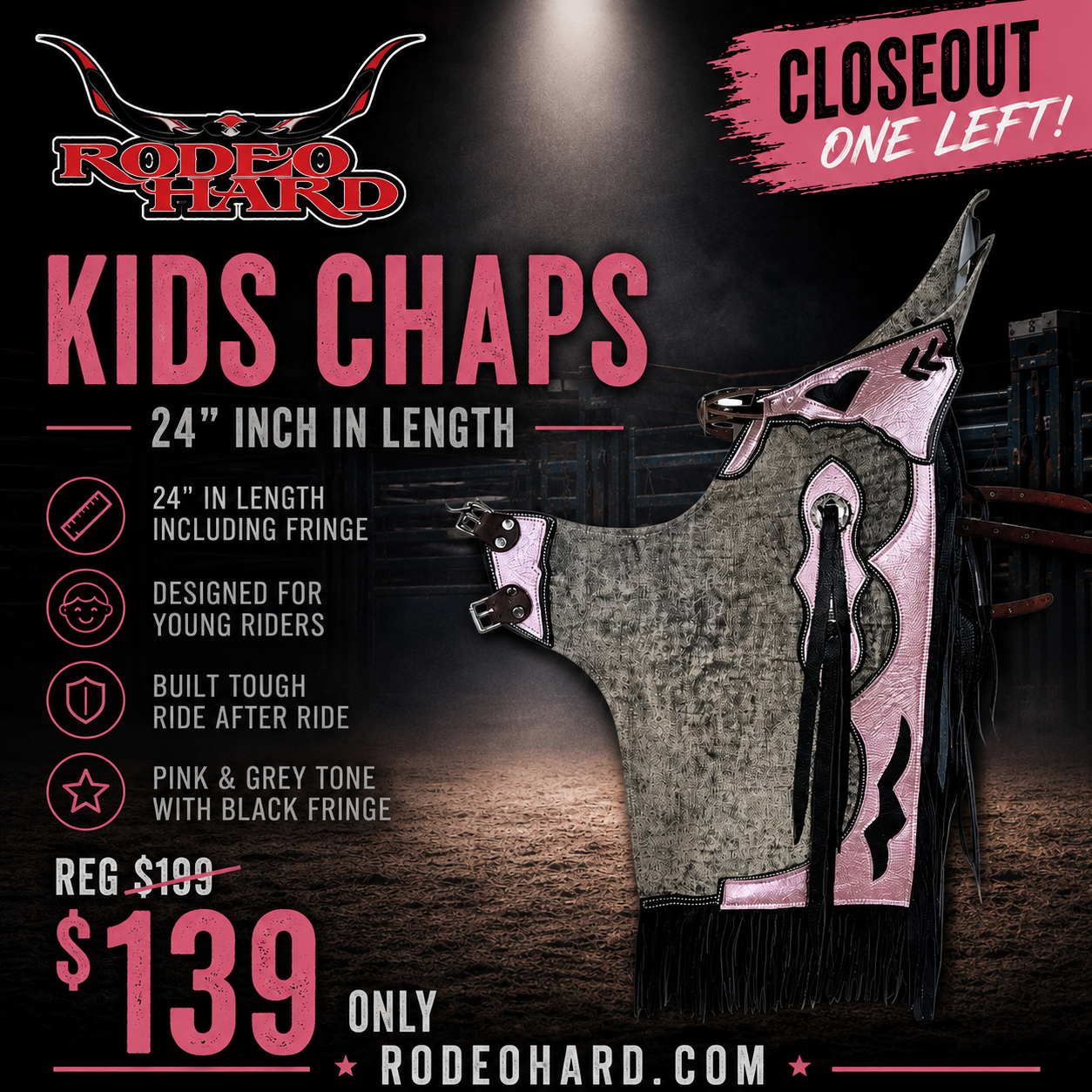 Pink Grey Youth Rodeo Chaps | 24 Inch Youth Bull Riding Chaps | Rodeo Hard